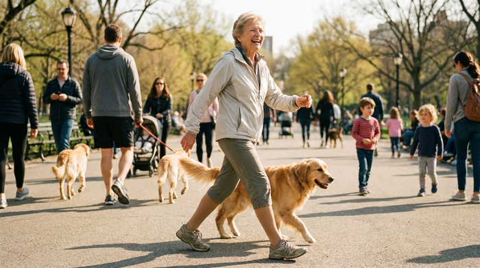 Eine sportliche Seniorin spaziert unbeschwert durch einen sonnigen Park. Sie trägt unauffällige, perfekt sitzende hautfarbene Kompressionsstrümpfe zu bequemen Schuhen. Fröhliche und aktive Stimmung.