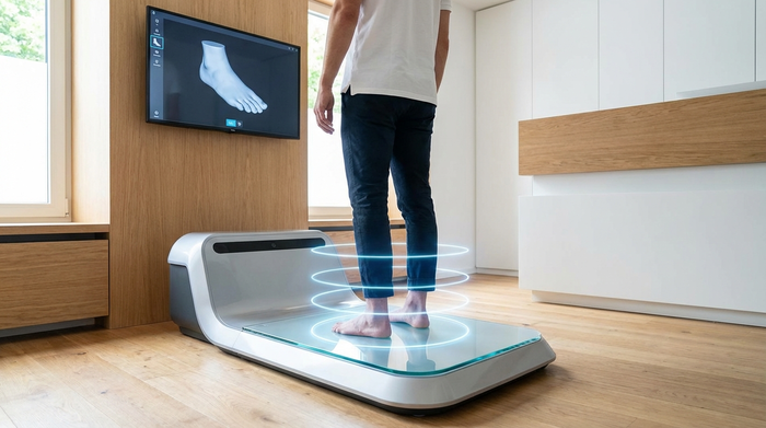 Ein moderner, digitaler 3D-Fußscanner in einer hellen orthopädischen Praxis. Eine Person steht barfuß auf der beleuchteten Glasplatte des Scanners, während sanftes blaues Licht die präzise Vermessung andeutet.