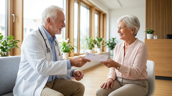 Ein freundlicher Arzt überreicht einer älteren Patientin ein Rezept in einer hellen, modernen Praxis. Beide lächeln. Die Szene strahlt Vertrauen und professionelle medizinische Versorgung aus.