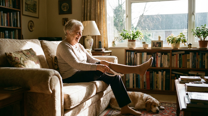 Eine ältere Dame nutzt mühelos eine ergonomische Anziehhilfe für ihre Kompressionsstrümpfe. Sie sitzt bequem auf einem Sofa in einem gemütlichen Wohnzimmer. Helles Tageslicht fällt durch das Fenster.