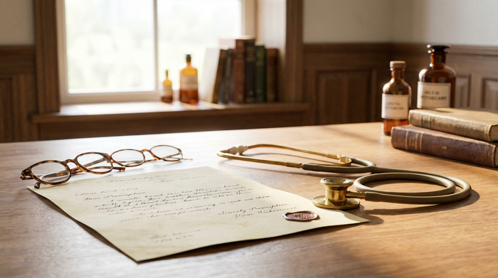 Ein klassisches ärztliches Rezept liegt auf einem hellen Holztisch neben einem Stethoskop und einer Lesebrille. Sanftes Tageslicht, saubere und professionelle medizinische Umgebung, keine lesbaren Texte.