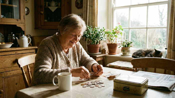 Eine ältere Dame sitzt am Küchentisch und sortiert lächelnd einige Münzen und Geldscheine neben einer weißen Kaffeetasse. Gemütliche, helle Wohnatmosphäre am Morgen.