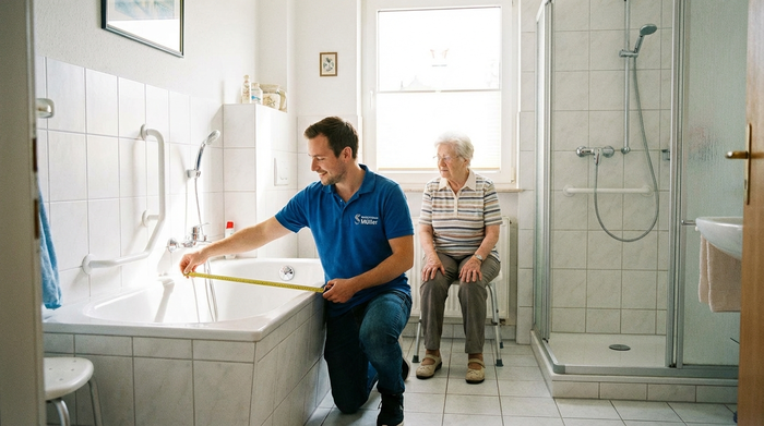Ein freundlicher Sanitätshaus-Mitarbeiter im blauen Poloshirt misst mit einem Maßband im hellen Badezimmer einer Seniorenwohnung den Platz für einen Badewannenlift aus. Realistische, saubere Umgebung.
