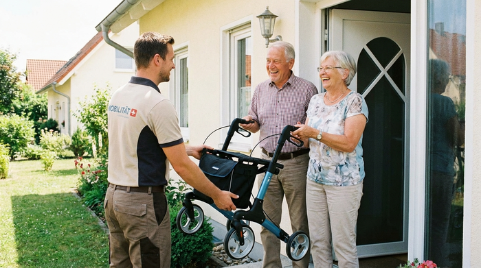 Ein freundlicher Lieferant übergibt einen modernen Rollator an ein lächelndes Senioren-Ehepaar an der Haustür eines Einfamilienhauses. Helles Tageslicht, positive Stimmung, professionelle Übergabe.