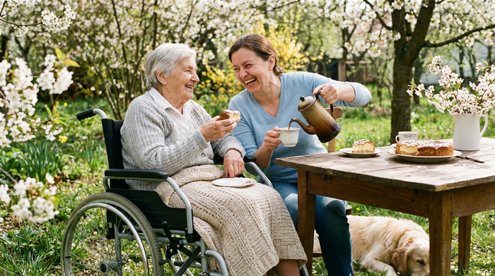 Eine Tochter und ihre pflegebedürftige Mutter sitzen lachend im Garten bei Kaffee und Kuchen. Frühlingshaftes Wetter, grüne Bäume im Hintergrund, unbeschwerte und familiäre Stimmung.