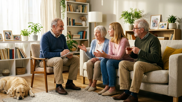 Ein freundlicher Pflegeberater im Gespräch mit einer Seniorenfamilie im heimischen Wohnzimmer. Er hört aufmerksam zu, während die Angehörigen Fragen stellen. Die Stimmung ist warm und vertrauensvoll.