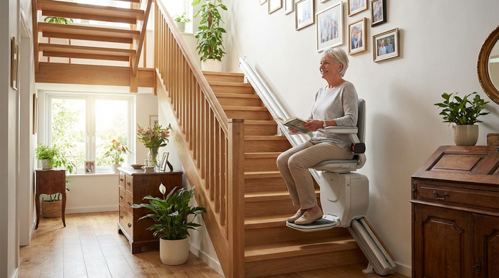 Eine rüstige Seniorin nutzt einen modernen Treppenlift in einem gepflegten Einfamilienhaus. Sie lächelt entspannt, während sie sicher die gut beleuchtete Holztreppe hinauffährt.