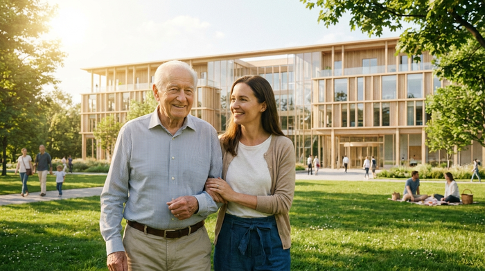 Ein modernes Krankenhausgebäude im Hintergrund, im Vordergrund ein älterer Herr, der am Arm seiner Tochter durch einen grünen Park spazieren geht. Sonniger Tag, ruhige und hoffnungsvolle Stimmung.