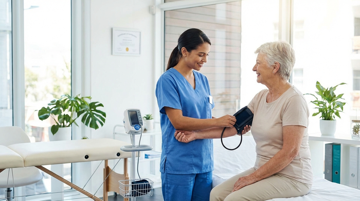Eine professionelle Pflegekraft in sauberer, blauer Arbeitskleidung misst bei einer lächelnden Seniorin den Blutdruck. Helles, aufgeräumtes Zimmer, das medizinische Kompetenz und Vertrauen ausstrahlt.