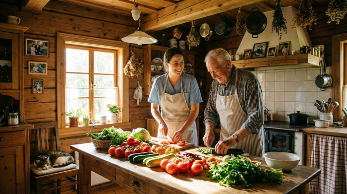 Eine freundliche Betreuungskraft und ein älterer Mann bereiten gemeinsam in einer gemütlichen Holzküche das Abendessen vor. Frisches Gemüse liegt auf dem Tisch, familiäre und entspannte Atmosphäre ohne störende Elemente.