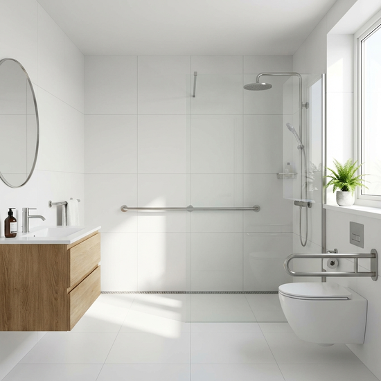 Ein elegantes, barrierefreies Badezimmer mit einer modernen, ebenerdigen Dusche und sicheren Haltegriffen. Ein heller Raum mit weißen Fliesen und einer kleinen grünen Pflanze am Fenster.