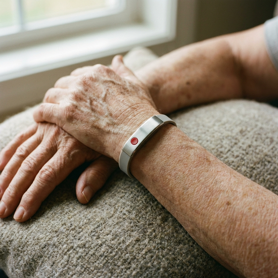 Eine Nahaufnahme eines modernen, unauffälligen Hausnotruf-Armbands am Handgelenk einer älteren Person. Ruhige, faltige Hände, die entspannt auf einem weichen Kissen ruhen.