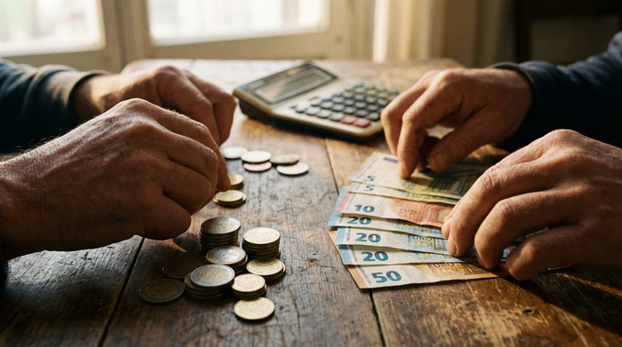 Eine Nahaufnahme von Händen, die sorgfältig Euro-Münzen und Geldscheine auf einem Holztisch in kleine Stapel sortieren. Daneben liegt ein unscharfer Taschenrechner. Warme, natürliche Beleuchtung.