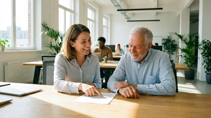 Eine freundliche Beraterin mittleren Alters sitzt mit einem älteren Herrn an einem hellen Schreibtisch. Sie lächelt und zeigt auf ein Dokument, während der Senior erleichtert nickt. Im Hintergrund ein helles, modernes Büro.