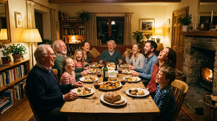 Eine fröhliche Familie mit drei Generationen sitzt gemeinsam beim Abendessen an einem großen Esstisch. Großeltern, Eltern und Enkelkinder lachen unbeschwert. Gemütliche, warme Wohnzimmeratmosphäre ohne Sorgen.