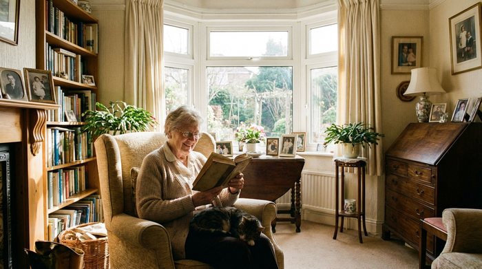 Eine ältere Dame sitzt gemütlich in ihrem eigenen, liebevoll eingerichteten Wohnzimmer und liest ein Buch. Durch das Fenster fällt helles Tageslicht. Die Umgebung wirkt vertraut und sicher.