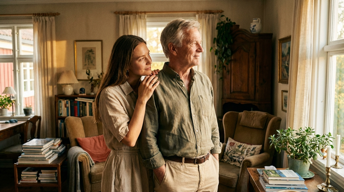 Ein älterer Herr mit grauem Haar blickt leicht nachdenklich, aber ruhig aus dem Fenster eines gemütlichen Zimmers. Eine jüngere Frau, vermutlich seine Tochter, steht liebevoll neben ihm und legt ihm beruhigend die Hand auf die Schulter. Warmes Sonnenlicht, harmonische Stimmung.