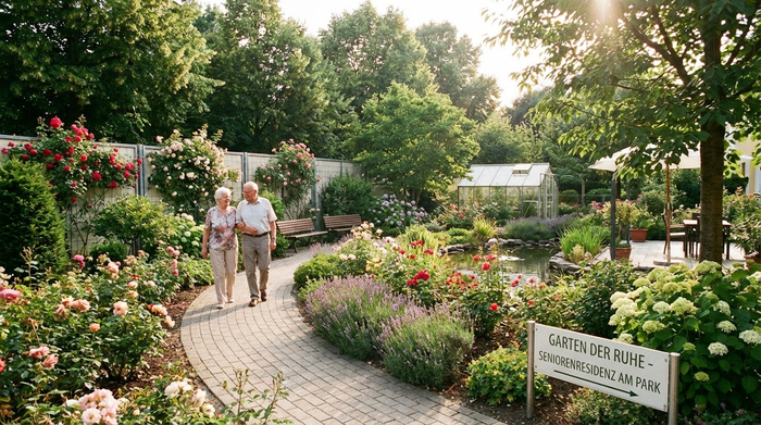 Ein wunderschöner, geschützter Garten einer Senioreneinrichtung mit blühenden Blumenbeeten und einem gepflasterten Rundweg. Zwei Senioren spazieren entspannt nebeneinander, umgeben von grünen Bäumen und Sträuchern an einem sonnigen Nachmittag.