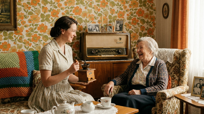 Ein gemütlich eingerichteter Raum im Stil der 1960er Jahre mit einem alten Röhrenradio, geblümten Tapeten und einem Ohrensessel. Eine Pflegekraft zeigt einer lächelnden Seniorin eine alte Kaffeemühle aus Holz. Nostalgische und wertschätzende Umgebung.