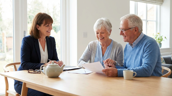Ein älteres Ehepaar sitzt gemeinsam mit einem freundlichen Berater an einem hellen Holztisch. Sie besprechen in ruhiger Atmosphäre Dokumente. Eine Tasse Tee steht auf dem Tisch, die Stimmung ist erleichtert und professionell.