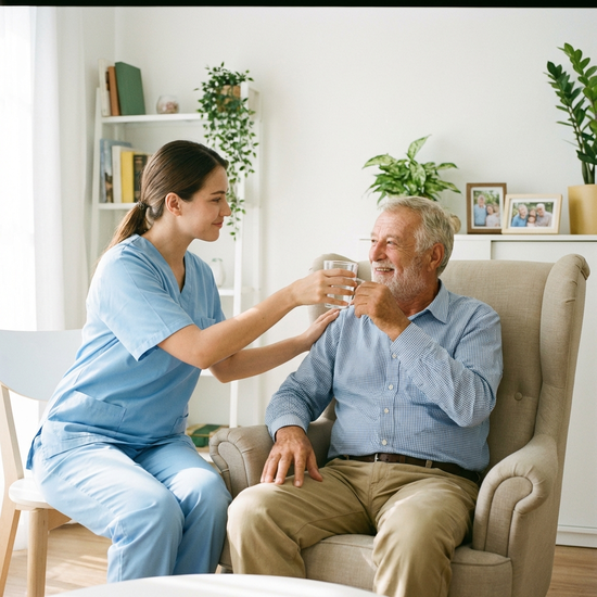 Eine professionelle Pflegekraft in hellblauer Uniform reicht einem lächelnden Senior fürsorglich ein Glas Wasser. Ruhige Atmosphäre, aufgeräumtes und sauberes Zimmer.