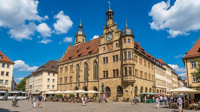 Das historische Rathaus von Heilbronn an einem sonnigen Tag, Menschen spazieren entspannt über den Marktplatz. Lebendige Stadtatmosphäre, blauer Himmel, klare Architektur.