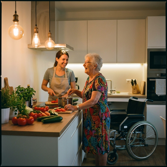 Eine freundliche Betreuungskraft kocht gemeinsam mit einer lachenden älteren Dame in einer modernen, barrierefreien Küche. Frisches Gemüse liegt auf der Arbeitsplatte, warme und gemütliche Beleuchtung.
