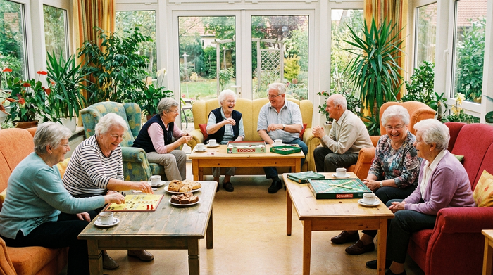 Eine Gruppe von fröhlichen Senioren sitzt in einem lichtdurchfluteten Gemeinschaftsraum eines Pflegeheims zusammen und spielt vergnügt Brettspiele. Große Fenster, grüne Zimmerpflanzen, gemütliche und farbenfrohe Sessel.