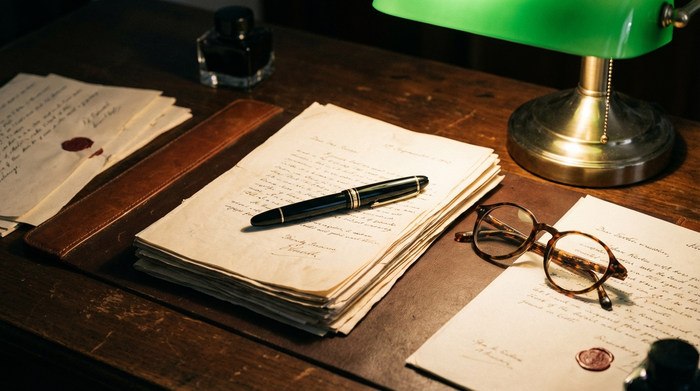 Ein edler Füllfederhalter liegt auf einem ordentlichen Dokumentenstapel auf einem dunklen Holztisch. Eine Lesebrille liegt daneben, weiches Licht von einer klassischen Schreibtischlampe erhellt die Szene.