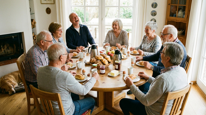 Eine Gruppe fröhlicher Senioren sitzt gemeinsam an einem runden Tisch bei einem leckeren Frühstück. Frische Brötchen und Kaffeetassen stehen auf dem Tisch. Die Atmosphäre ist gesellig und entspannt, ein Senior lacht herzhaft.