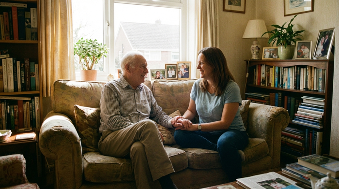 Ein älterer Herr und seine erwachsene Tochter sitzen entspannt auf einem Sofa im heimischen Wohnzimmer. Sie blicken zufrieden und erleichtert, während sie sich unterhalten. Eine friedliche, familiäre Szene mit warmem Licht.