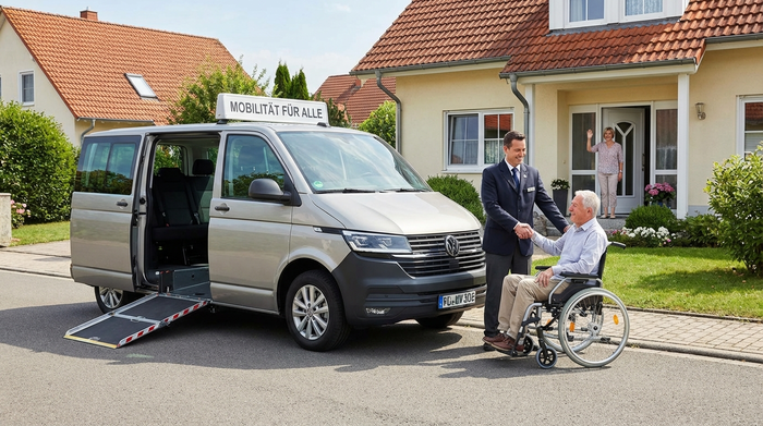 Ein moderner, rollstuhlgerechter Kleinbus steht mit geöffneter Tür vor einem gepflegten Einfamilienhaus. Ein freundlicher Fahrer reicht einem lächelnden Senior hilfsbereit die Hand, um ihn sicher zum Fahrzeug zu begleiten.