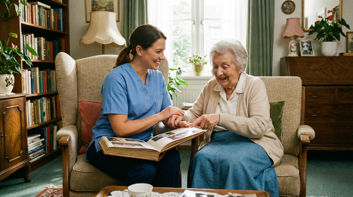 Eine einfühlsame Pflegekraft betrachtet gemeinsam mit einer älteren Dame ein altes Fotoalbum. Beide sitzen in gemütlichen Sesseln in einem liebevoll eingerichteten Raum. Die Seniorin wirkt glücklich und in Erinnerungen versunken.