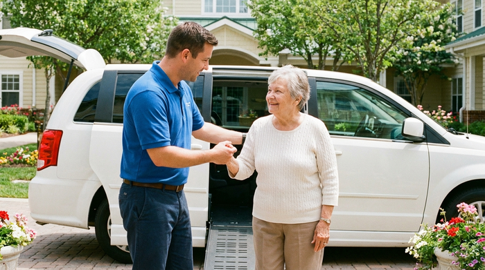 Ein fürsorglicher Pfleger im blauen Poloshirt reicht einer älteren Dame freundlich die Hand. Sie stehen neben einem weißen Transportfahrzeug. Helles Tageslicht, vertrauensvolle Atmosphäre, saubere Umgebung, ohne Text.