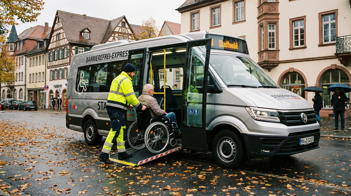Ein moderner, barrierefreier Kleinbus mit ausgefahrener Heckrampe. Ein Fahrer schiebt vorsichtig einen manuellen Rollstuhl über die Rampe ins Innere des hellen Fahrzeugs. Realistische Straßenszene, Herbstwetter, hohe Detailtreue.