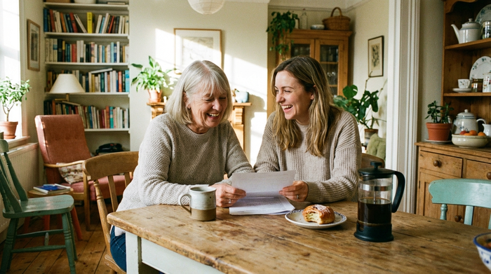 Eine ältere Frau und ihre Tochter sitzen entspannt am Küchentisch und schauen gemeinsam lächelnd auf einige Dokumente. Gemütliche Einrichtung, eine Tasse Kaffee auf dem Tisch, warme und positive Stimmung.