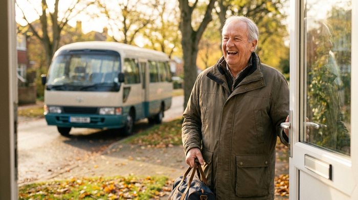 Ein rüstiger Senior mit einer gepackten kleinen Tasche steht morgens erwartungsvoll an seiner geöffneten Haustür. Im Hintergrund ist leicht verschwommen ein wartender Kleinbus auf der Straße zu erkennen. Fröhliche Morgenstimmung.