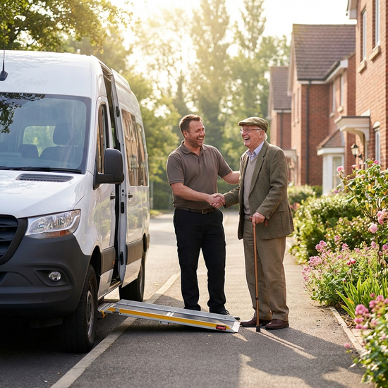 Ein freundlicher Fahrer eines modernen, rollstuhlgerechten Kleinbusses hilft einem lächelnden älteren Herrn mit Gehstock sanft beim Einsteigen. Der Morgen ist hell und sonnig in einer ruhigen Wohnstraße.