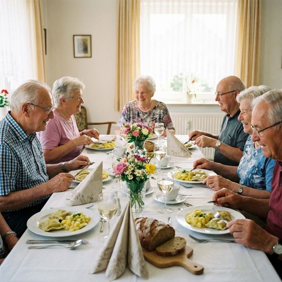 Senioren sitzen an einem liebevoll gedeckten Tisch und essen gemeinsam zu Mittag. Auf den Tellern liegen traditionelle Maultaschen mit Kartoffelsalat. Die Stimmung ist entspannt und gesellig.