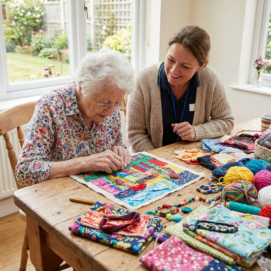 Eine ältere Dame mit weißen Haaren beugt sich konzentriert über ein farbenfrohes Bastelprojekt an einem Holztisch. Neben ihr sitzt eine Betreuungskraft, die ihr aufmunternd zunickt.