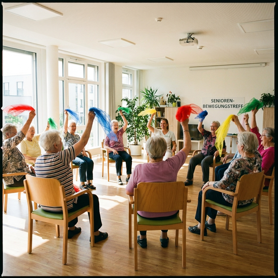Ein fröhlicher Kreis von Senioren macht leichte Sitzgymnastik mit bunten Tüchern. Ein Therapeut leitet die sanften Bewegungen in einem lichtdurchfluteten Gymnastikraum an.