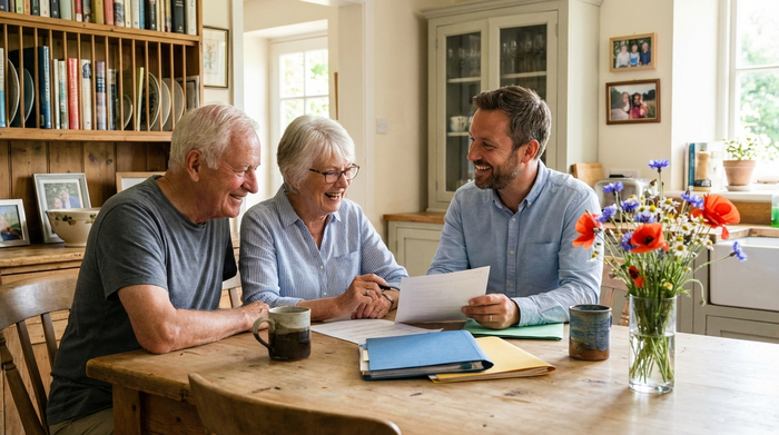 Ein älteres Ehepaar sitzt am heimischen Küchentisch und bespricht entspannt Dokumente mit einem freundlichen Berater. Auf dem Tisch stehen Kaffeetassen und eine Vase mit frischen Blumen.