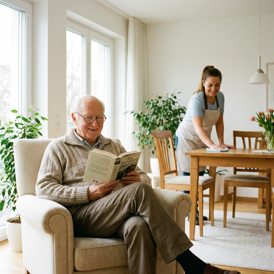Ein älterer Herr sitzt entspannt in seinem sauberen, hellen Wohnzimmer und liest ein Buch, während im Hintergrund eine freundliche Haushaltshilfe den Esstisch abwischt.