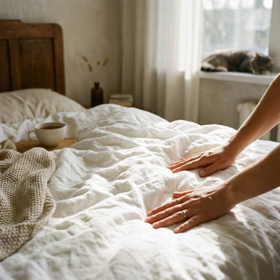 Eine detaillierte Nahaufnahme von Händen, die sanft frische, weiße Bettwäsche glattstreichen, sonniges Schlafzimmer mit gemütlicher Einrichtung.