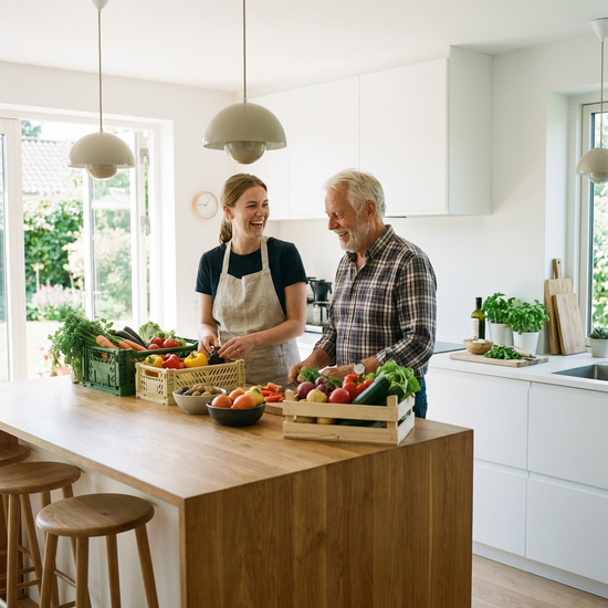 Eine jüngere Frau hilft einem fröhlichen Senior beim Einräumen von frischem Gemüse und Obst in die Küche, helle und moderne Küchenzeile.