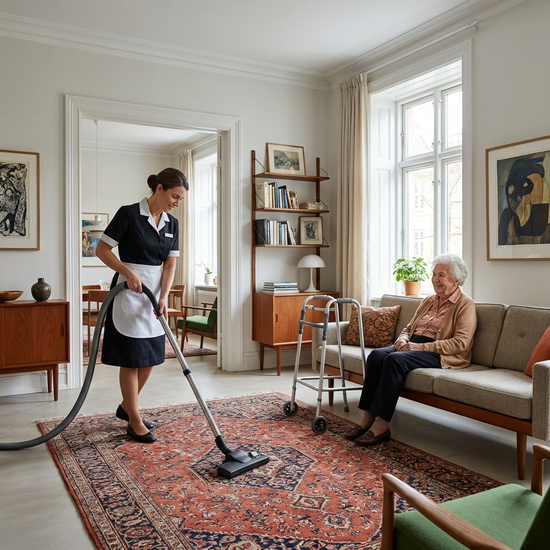 Eine professionelle Haushaltshilfe saugt den Teppich in einem stilvoll eingerichteten, barrierefreien Wohnzimmer, während eine ältere Dame zufrieden auf dem Sofa strickt.
