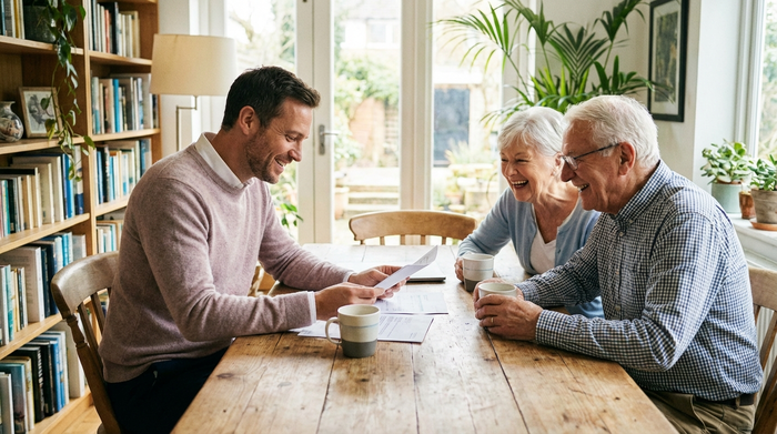 Ein sympathischer Berater sitzt mit einem älteren Ehepaar an einem Holztisch, sie besprechen lächelnd Dokumente bei einer Tasse Kaffee.