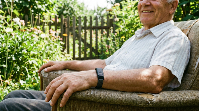 Ein moderner, unauffälliger Hausnotruf-Knopf am Handgelenk eines Seniors, der entspannt im Garten sitzt, im Hintergrund grüne Pflanzen.