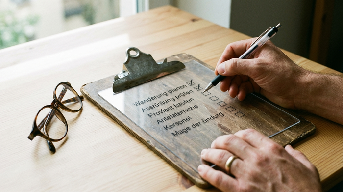 Eine Hand hakt mit einem Stift einen Punkt auf einer übersichtlichen Checkliste auf einem Klemmbrett ab, daneben liegt eine Brille auf einem hellen Holztisch.