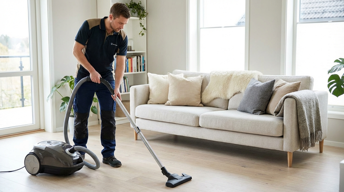 Eine Reinigungskraft saugt konzentriert den hellen Holzboden in einem modernen, aufgeräumten Wohnzimmer. Im Hintergrund steht ein gemütliches Sofa mit hellen Kissen.